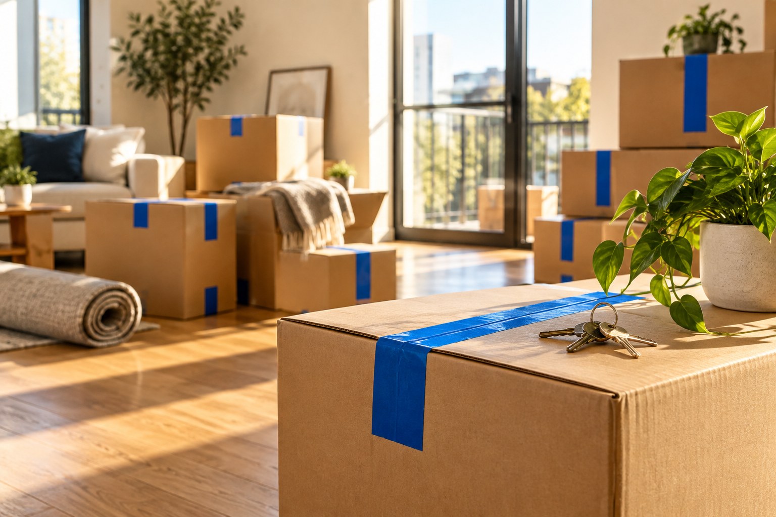 Moving boxes and a plant in a bright apartment