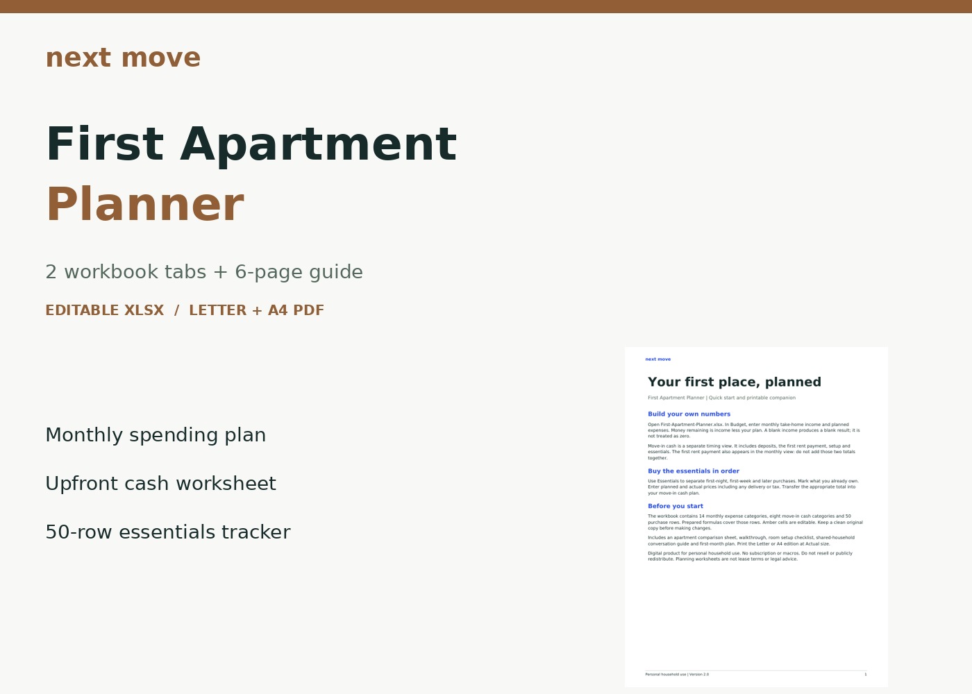 First Apartment Planner: workbook and printable guide preview