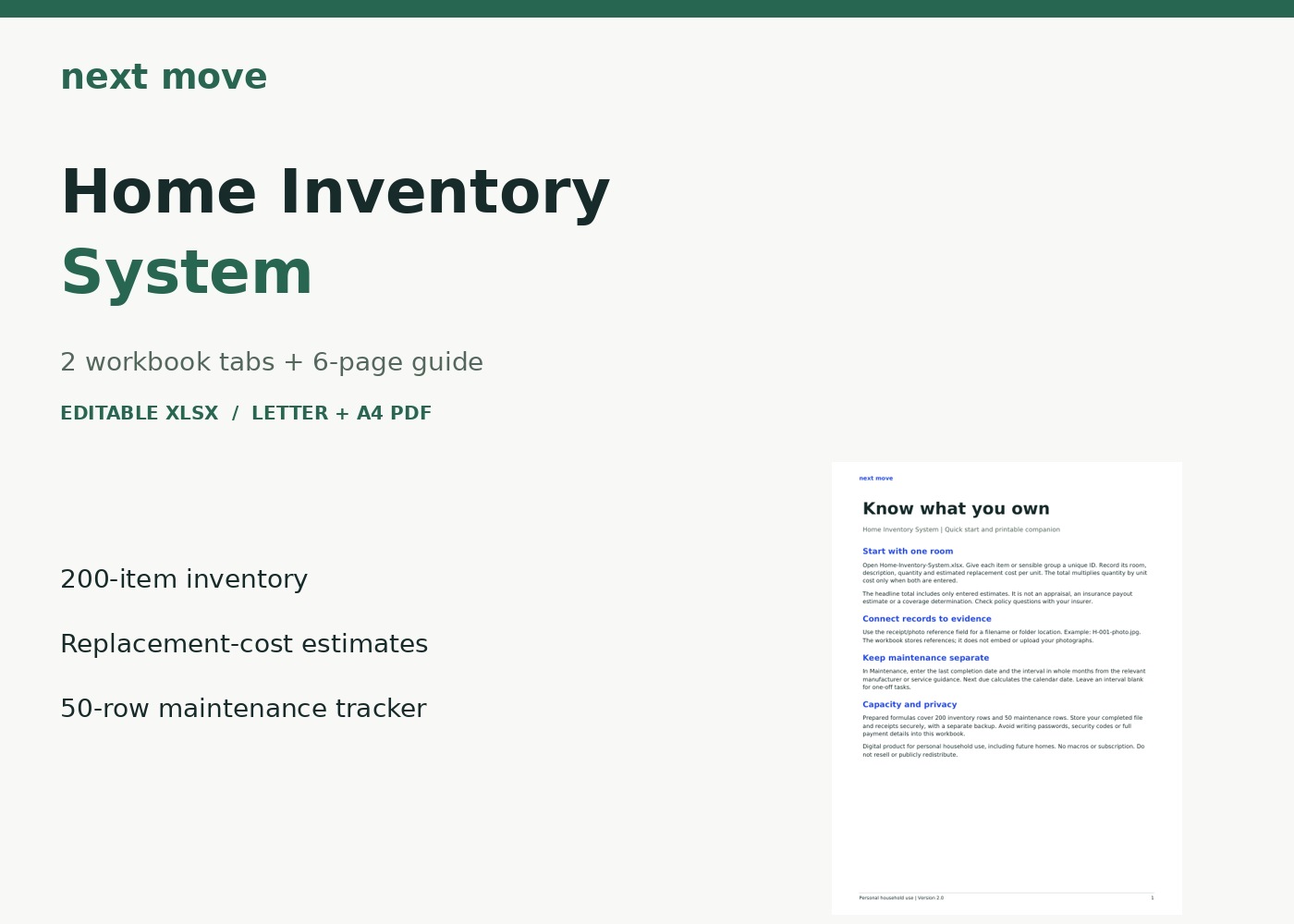 Home Inventory System: workbook and printable guide preview